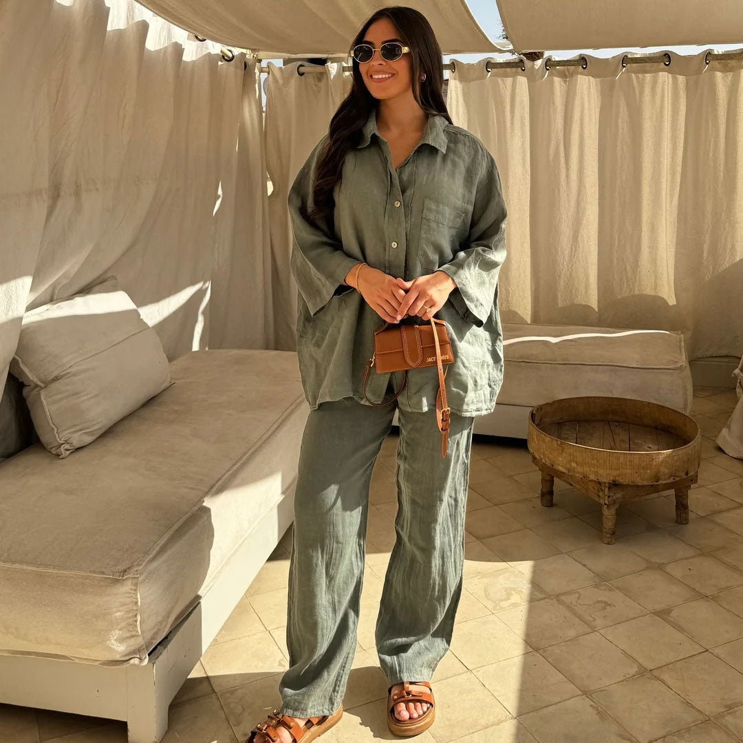 Leisure Linen Blend Collared Button Down Wide Leg Lounge Matching Set