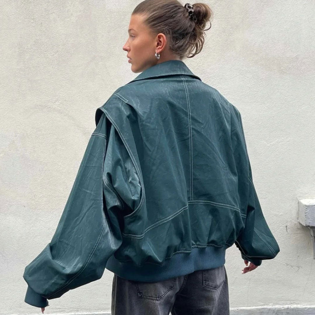 Vintage Collared Zip Up Contrast Stitch Oversized Faux Leather Jacket