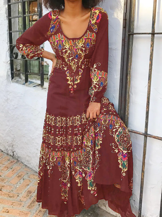 Boho U-Neck Cotton Long Sleeve Blends Knitting Dress