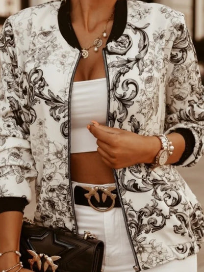 Women's Vintage Floral Print Long Sleeve Stand Collar Bomber Jacket