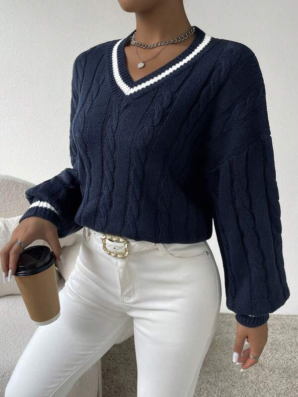 June - Gestreifter Zopfmuster-Pullover für Damen