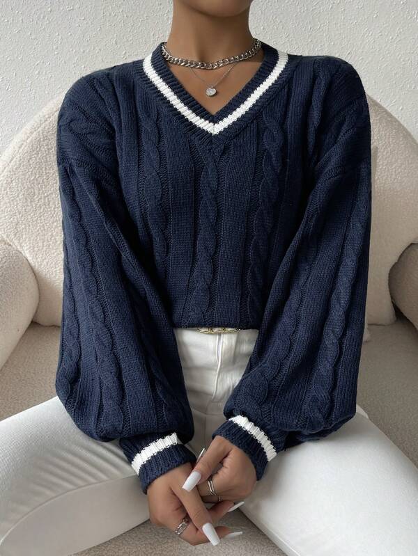 June - Gestreifter Zopfmuster-Pullover für Damen