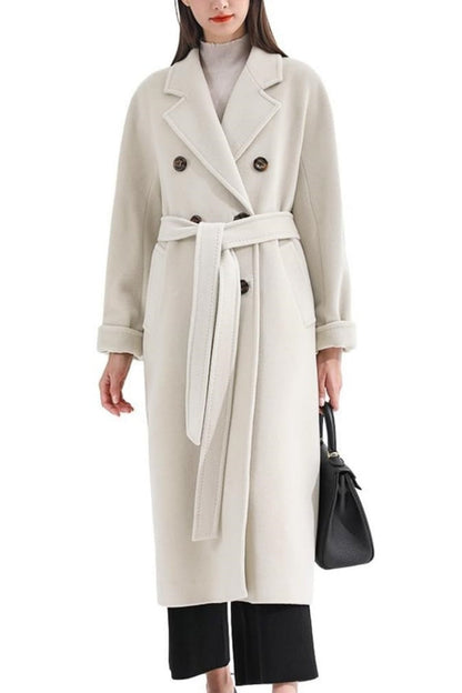 Chouyatou Women's Winter Double Breasted Wool Coat Business Casual Midi Long Winter Trench Coat with Belt