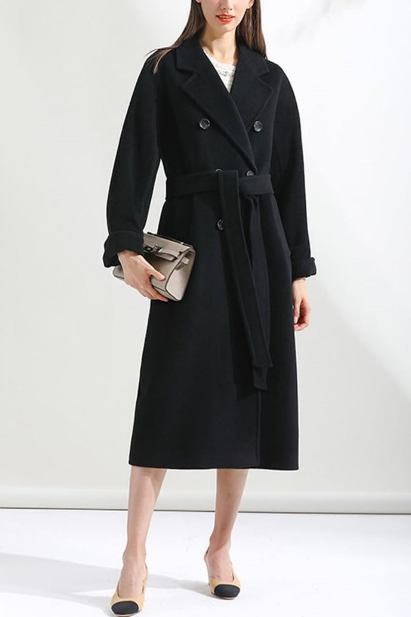 Chouyatou Women's Winter Double Breasted Wool Coat Business Casual Midi Long Winter Trench Coat with Belt