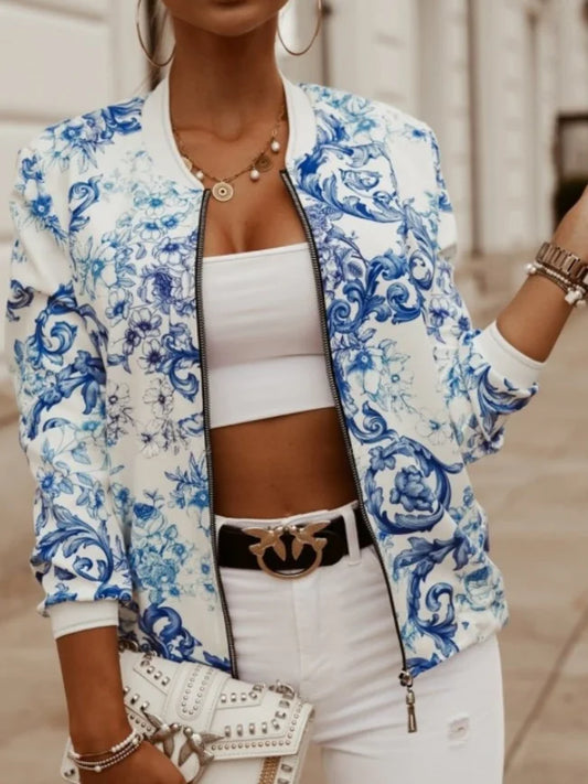 Women's Vintage Floral Print Long Sleeve Stand Collar Bomber Jacket