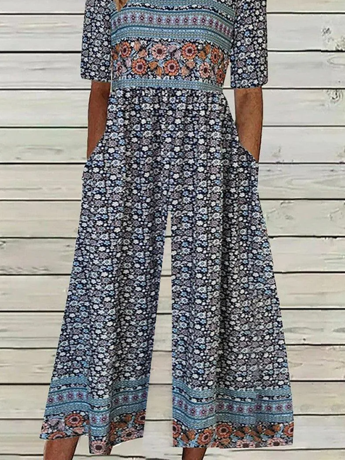 Women Short Sleeve Crew Neck Loose Ankle Pants Daily Casual Small Floral Natural Jumpsuit
