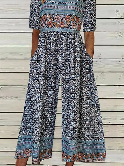 Women Short Sleeve Crew Neck Loose Ankle Pants Daily Casual Small Floral Natural Jumpsuit
