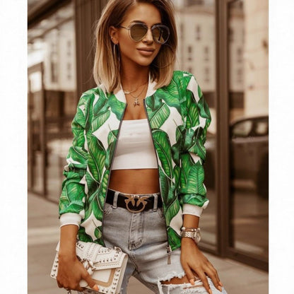Women's Vintage Floral Print Long Sleeve Stand Collar Bomber Jacket