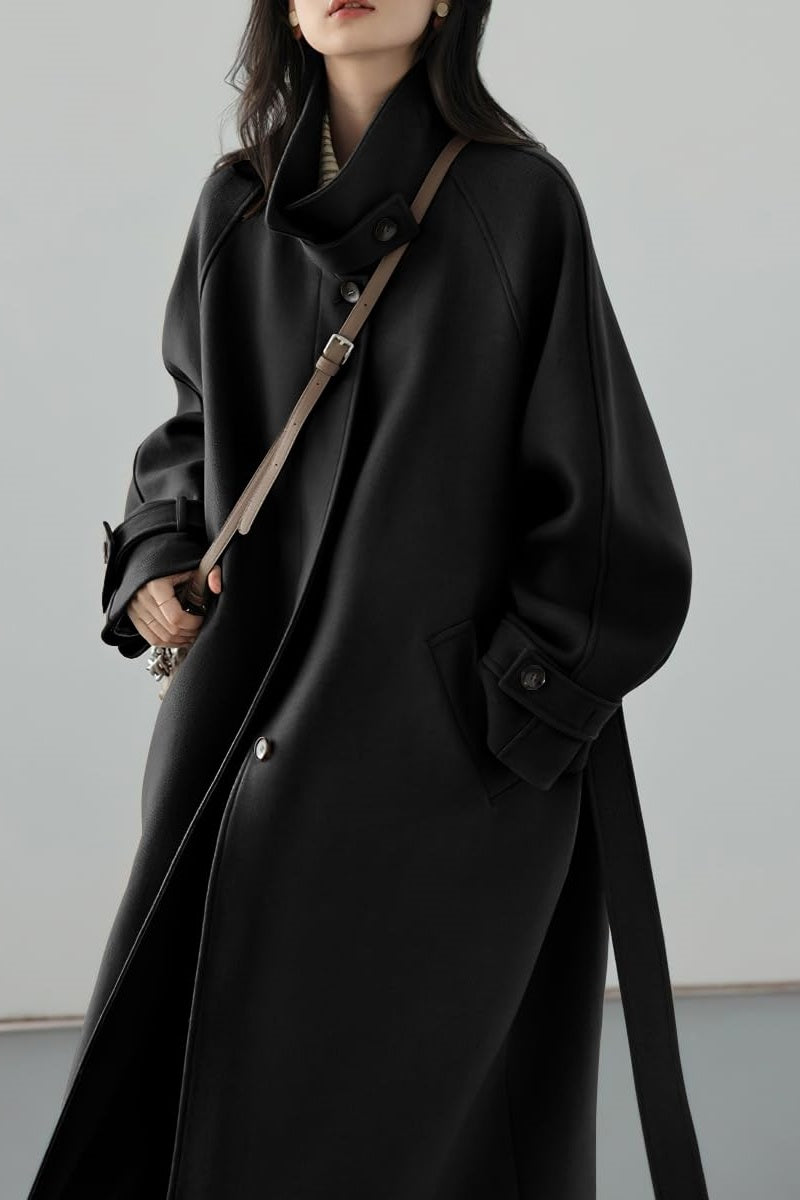 Chouyatou Women's Winter Hidden Single Breasted Wool Coat Raglan Sleeve Business Long Wool Overcoat