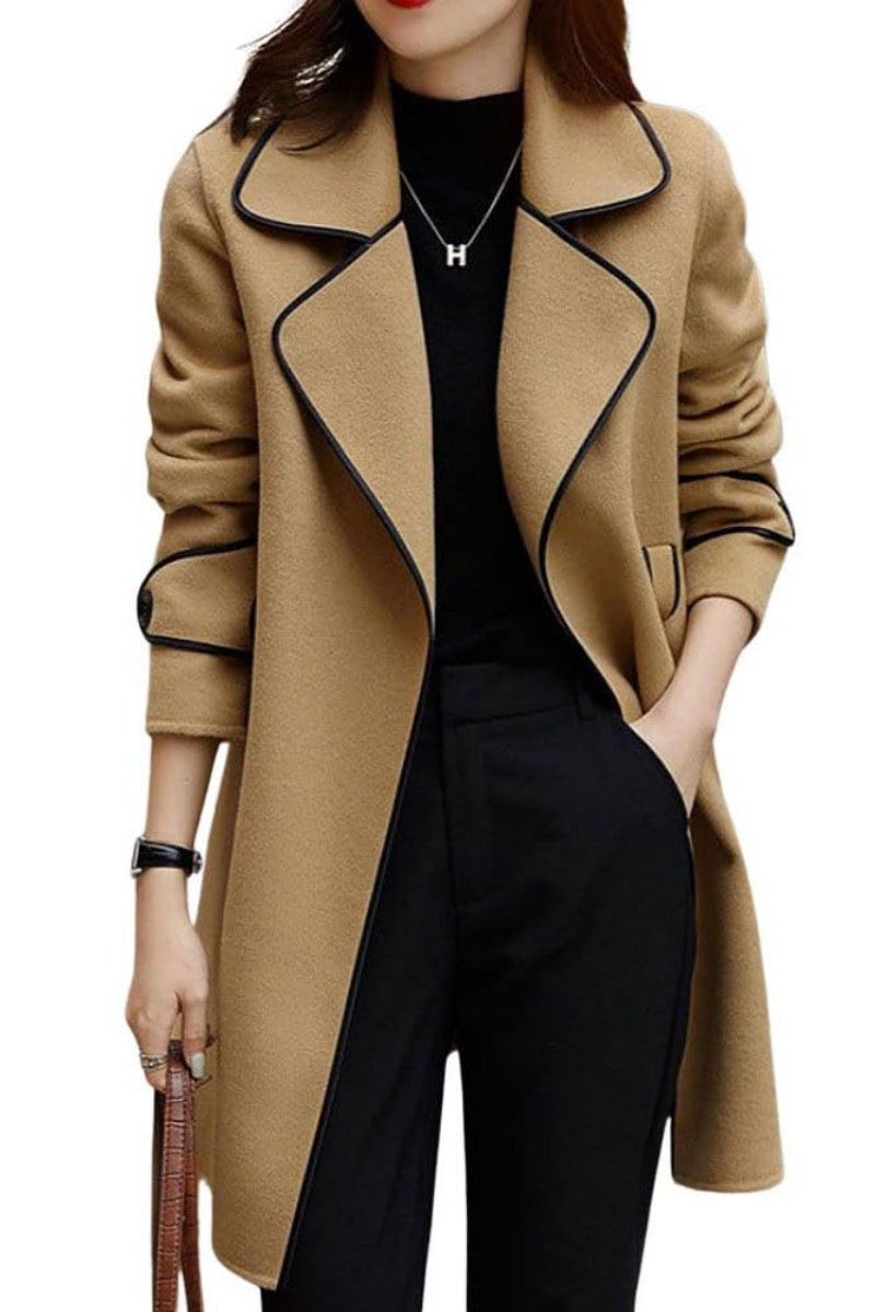 Chouyatou Women's Winter Elegant Lapel Open Front Wool Coat Wool Blend Trench Pea Coat with Belt