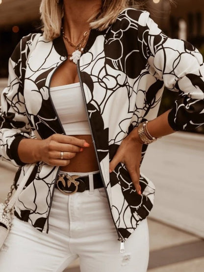 Women's Vintage Floral Print Long Sleeve Stand Collar Bomber Jacket