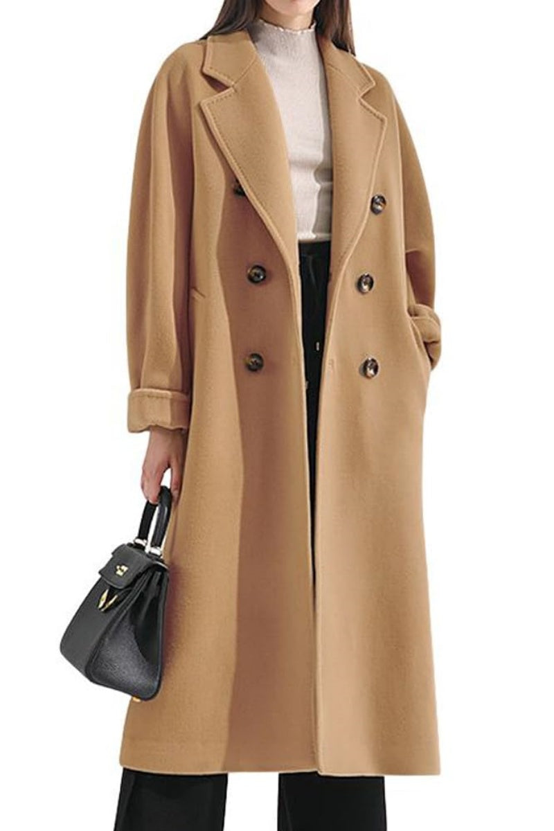 Chouyatou Women's Winter Double Breasted Wool Coat Business Casual Midi Long Winter Trench Coat with Belt
