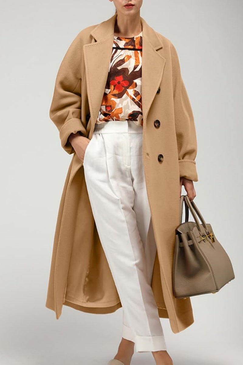 Chouyatou Women's Winter Double Breasted Wool Coat Business Casual Midi Long Winter Trench Coat with Belt