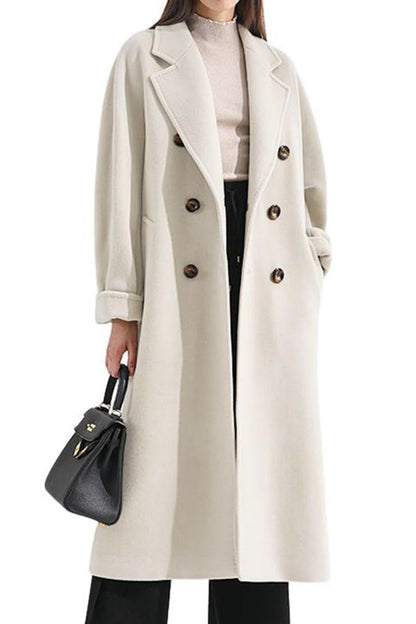 Chouyatou Women's Winter Double Breasted Wool Coat Business Casual Midi Long Winter Trench Coat with Belt