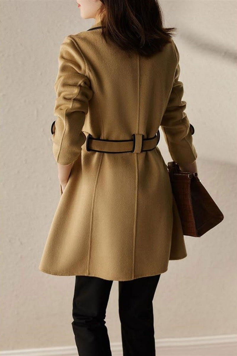 Chouyatou Women's Winter Elegant Lapel Open Front Wool Coat Wool Blend Trench Pea Coat with Belt