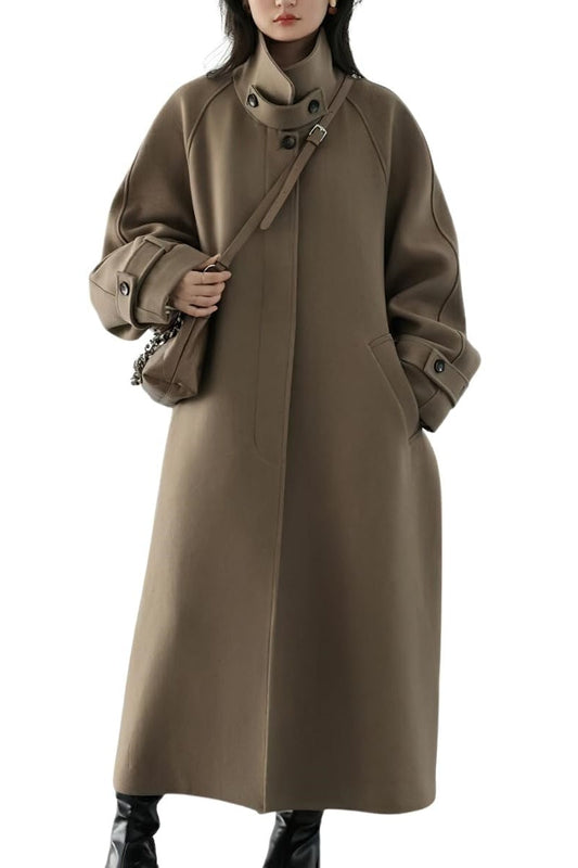 Chouyatou Women's Winter Hidden Single Breasted Wool Coat Raglan Sleeve Business Long Wool Overcoat