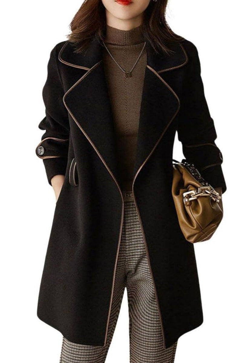 Chouyatou Women's Winter Elegant Lapel Open Front Wool Coat Wool Blend Trench Pea Coat with Belt