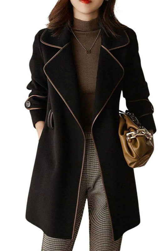 Chouyatou Women's Winter Elegant Lapel Open Front Wool Coat Wool Blend Trench Pea Coat with Belt