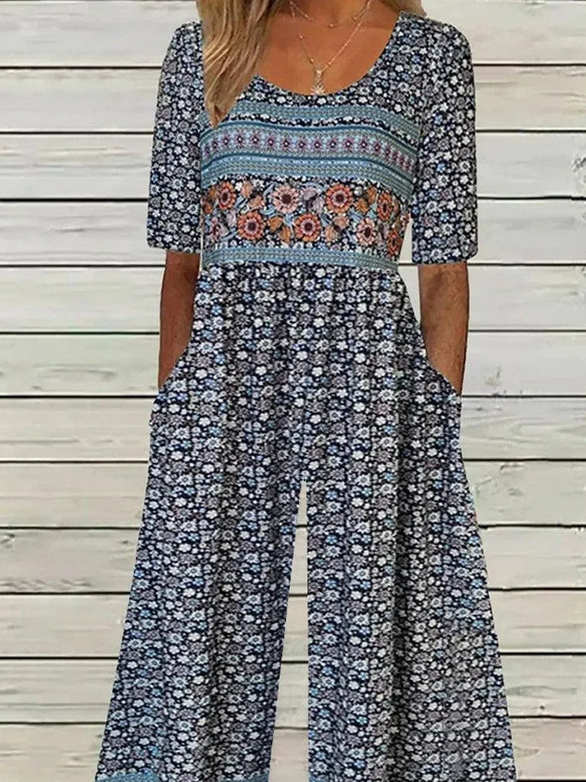 Women Short Sleeve Crew Neck Loose Ankle Pants Daily Casual Small Floral Natural Jumpsuit