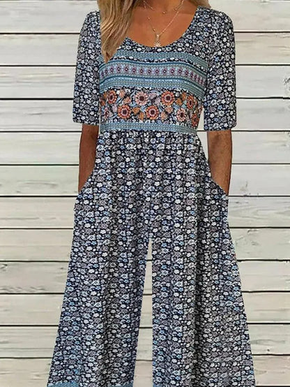 Women Short Sleeve Crew Neck Loose Ankle Pants Daily Casual Small Floral Natural Jumpsuit