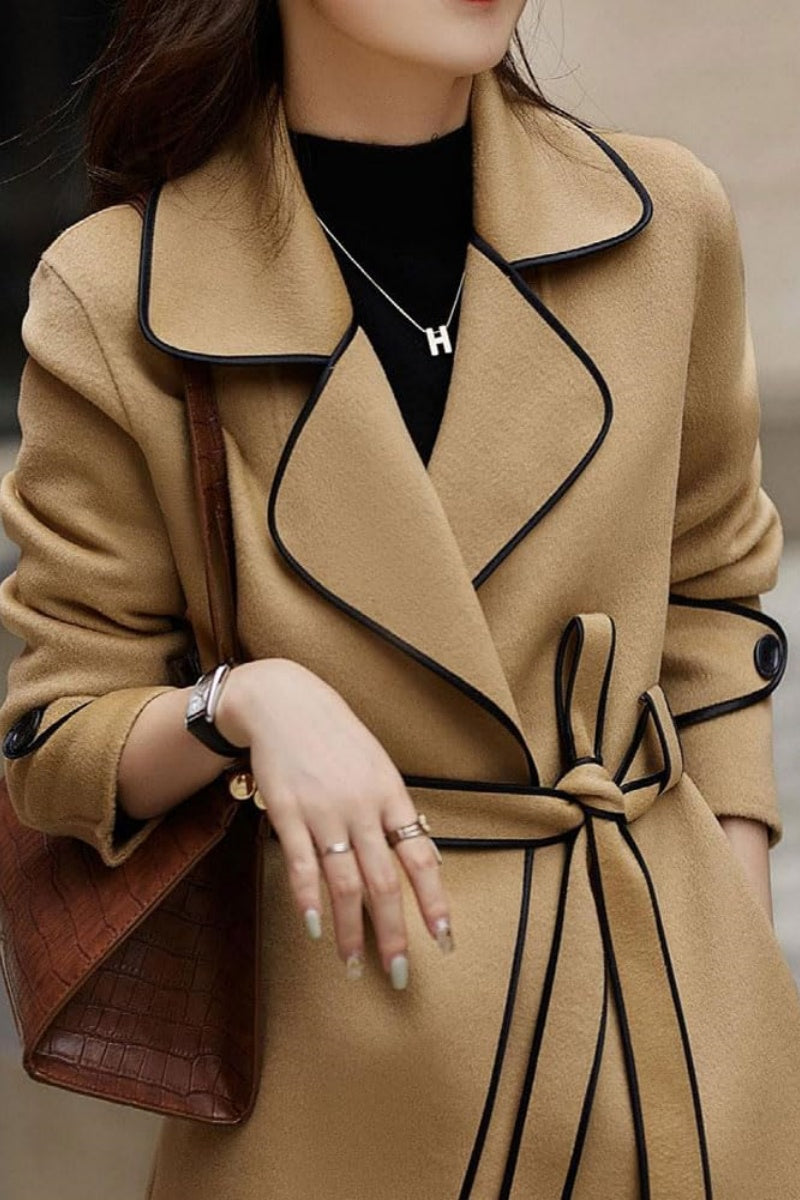 Chouyatou Women's Winter Elegant Lapel Open Front Wool Coat Wool Blend Trench Pea Coat with Belt
