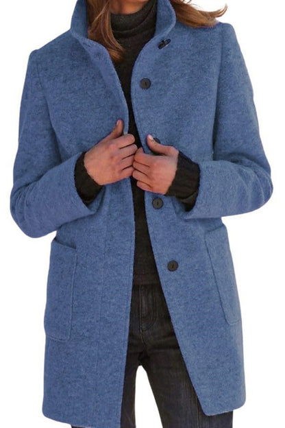 Chouyatou Women Winter Long Pea Coat Wool Blend Stand Collar Single Breast Thicken Blazer Jacket