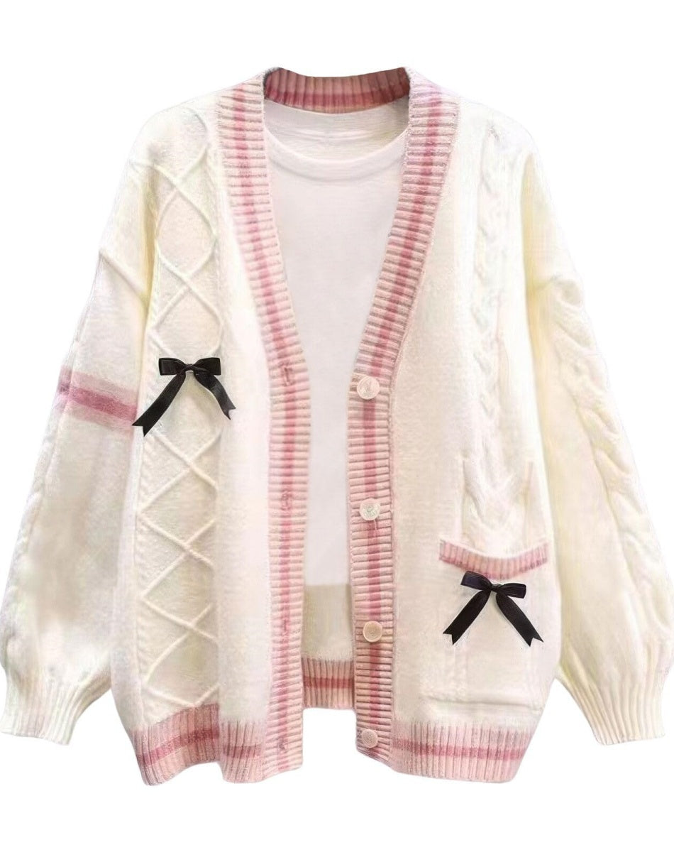 Chouyatou Womens Kawaii Cute Bowknot Cable Knit Cardigans Sheep V Neck Button Down Slouchy Preppy Wool Blend Sweater Coat