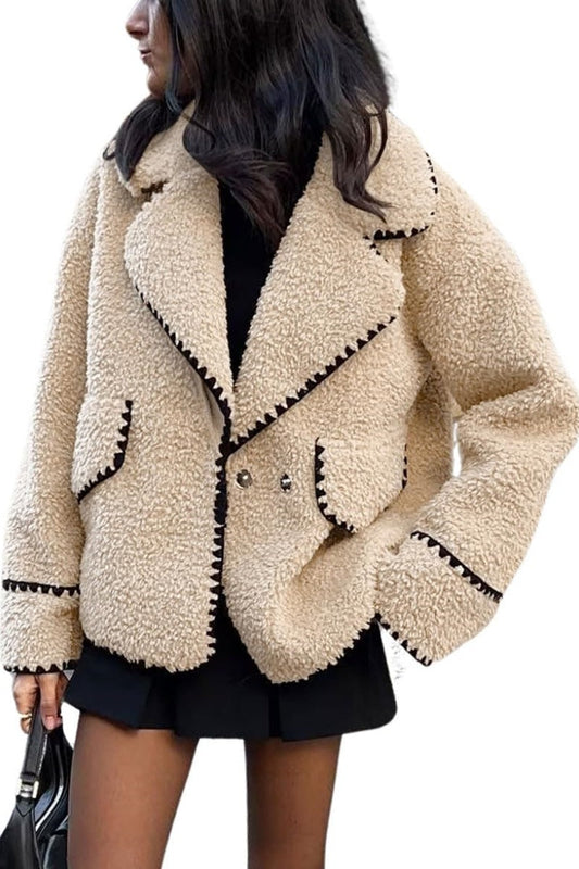 Chouyatou Women's Winter Casual Embroidered Sherpa Jacket Notch Lapel Fuzzy Faux Fur Fleece Jacket Coat