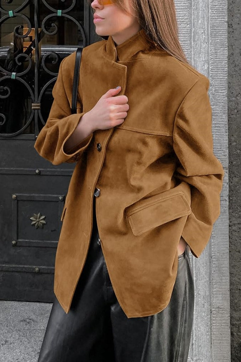Chouyatou Women's Faux Suede Blazer Jacket Notched Lapel Single Breasted Faux Suede Leather Suit Jacket