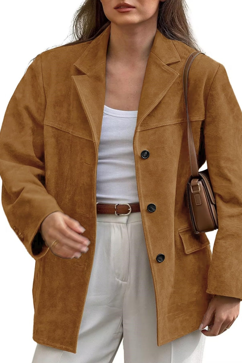 Chouyatou Women's Faux Suede Blazer Jacket Notched Lapel Single Breasted Faux Suede Leather Suit Jacket