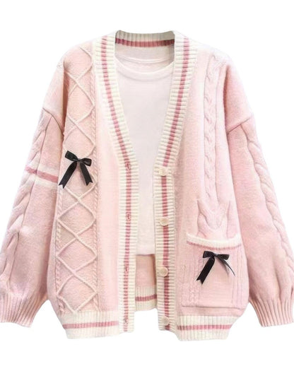Chouyatou Womens Kawaii Cute Bowknot Cable Knit Cardigans Sheep V Neck Button Down Slouchy Preppy Wool Blend Sweater Coat