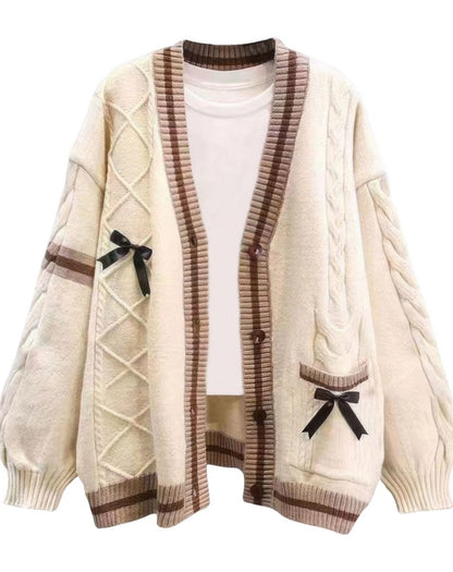 Chouyatou Womens Kawaii Cute Bowknot Cable Knit Cardigans Sheep V Neck Button Down Slouchy Preppy Wool Blend Sweater Coat