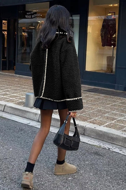 Chouyatou Women's Winter Casual Embroidered Sherpa Jacket Notch Lapel Fuzzy Faux Fur Fleece Jacket Coat