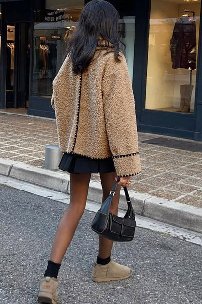 Chouyatou Women's Winter Casual Embroidered Sherpa Jacket Notch Lapel Fuzzy Faux Fur Fleece Jacket Coat