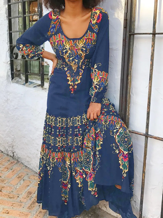 Boho U-Neck Cotton Long Sleeve Blends Knitting Dress