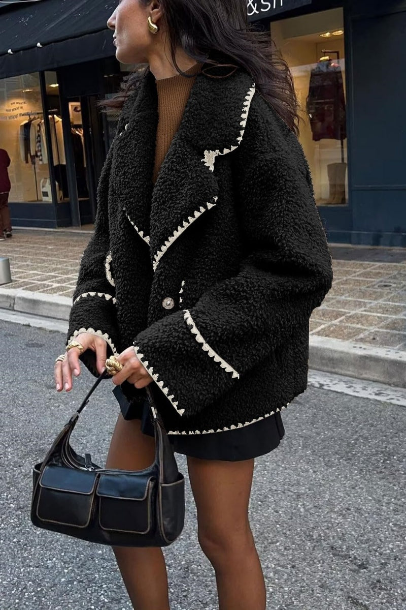 Chouyatou Women's Winter Casual Embroidered Sherpa Jacket Notch Lapel Fuzzy Faux Fur Fleece Jacket Coat