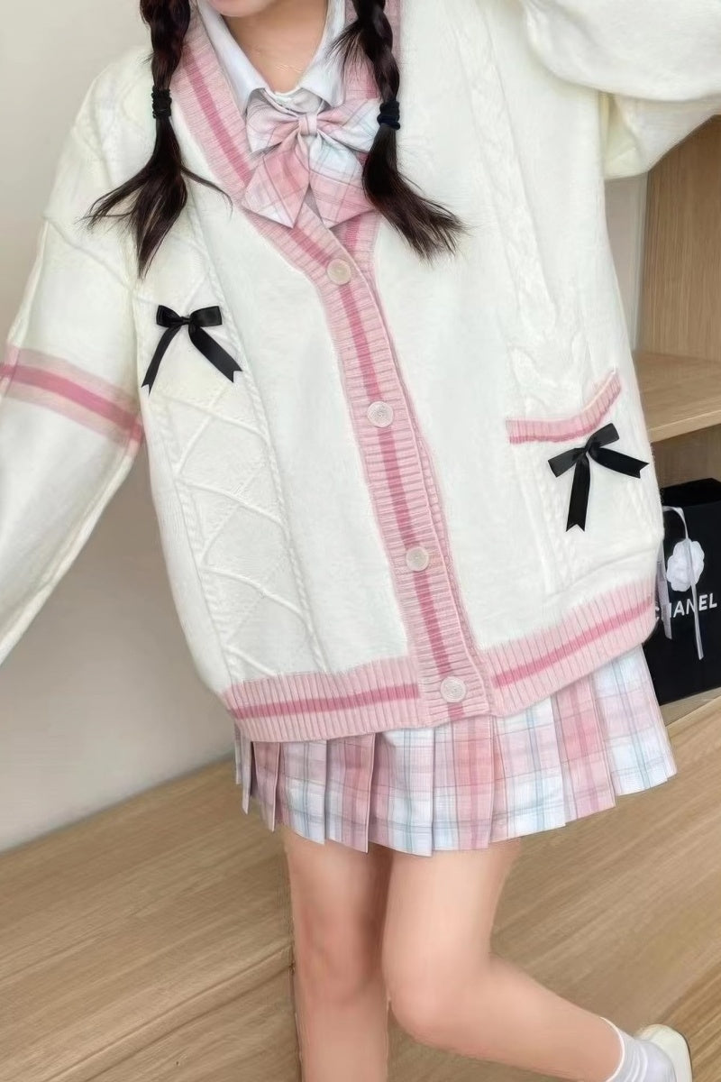 Chouyatou Womens Kawaii Cute Bowknot Cable Knit Cardigans Sheep V Neck Button Down Slouchy Preppy Wool Blend Sweater Coat
