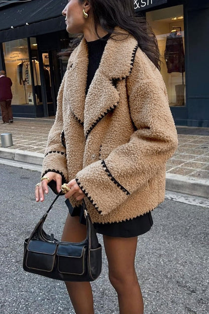 Chouyatou Women's Winter Casual Embroidered Sherpa Jacket Notch Lapel Fuzzy Faux Fur Fleece Jacket Coat