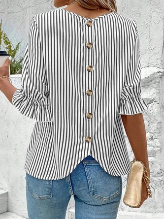 Crew Neck Half Sleeve Striped Regular Loose Shirt For Women