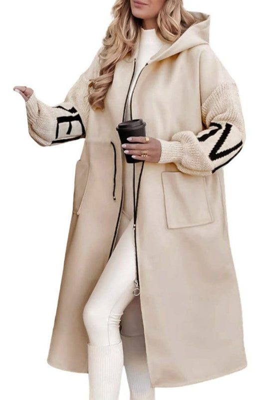 Chouyatou Women's Casual Knitted Sleeve Wool Trench Coat Zip Up Hooded Wool Blend Overcoat with Pockets