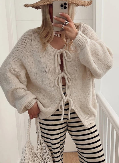 PICSCOVER Women's Cute Bow Knot Cardigan Fall Casual Oversized Ribbed Knit Sweater Cardigan Tops