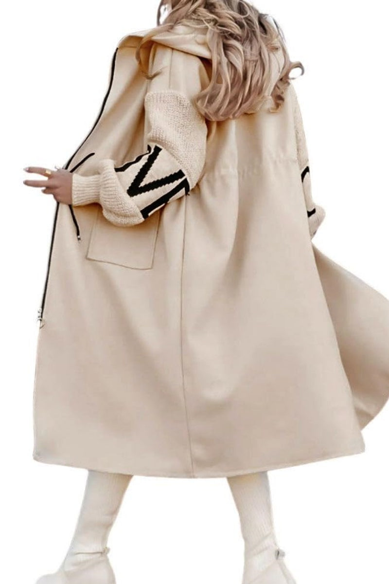 Chouyatou Women's Casual Knitted Sleeve Wool Trench Coat Zip Up Hooded Wool Blend Overcoat with Pockets