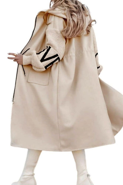 Chouyatou Women's Casual Knitted Sleeve Wool Trench Coat Zip Up Hooded Wool Blend Overcoat with Pockets