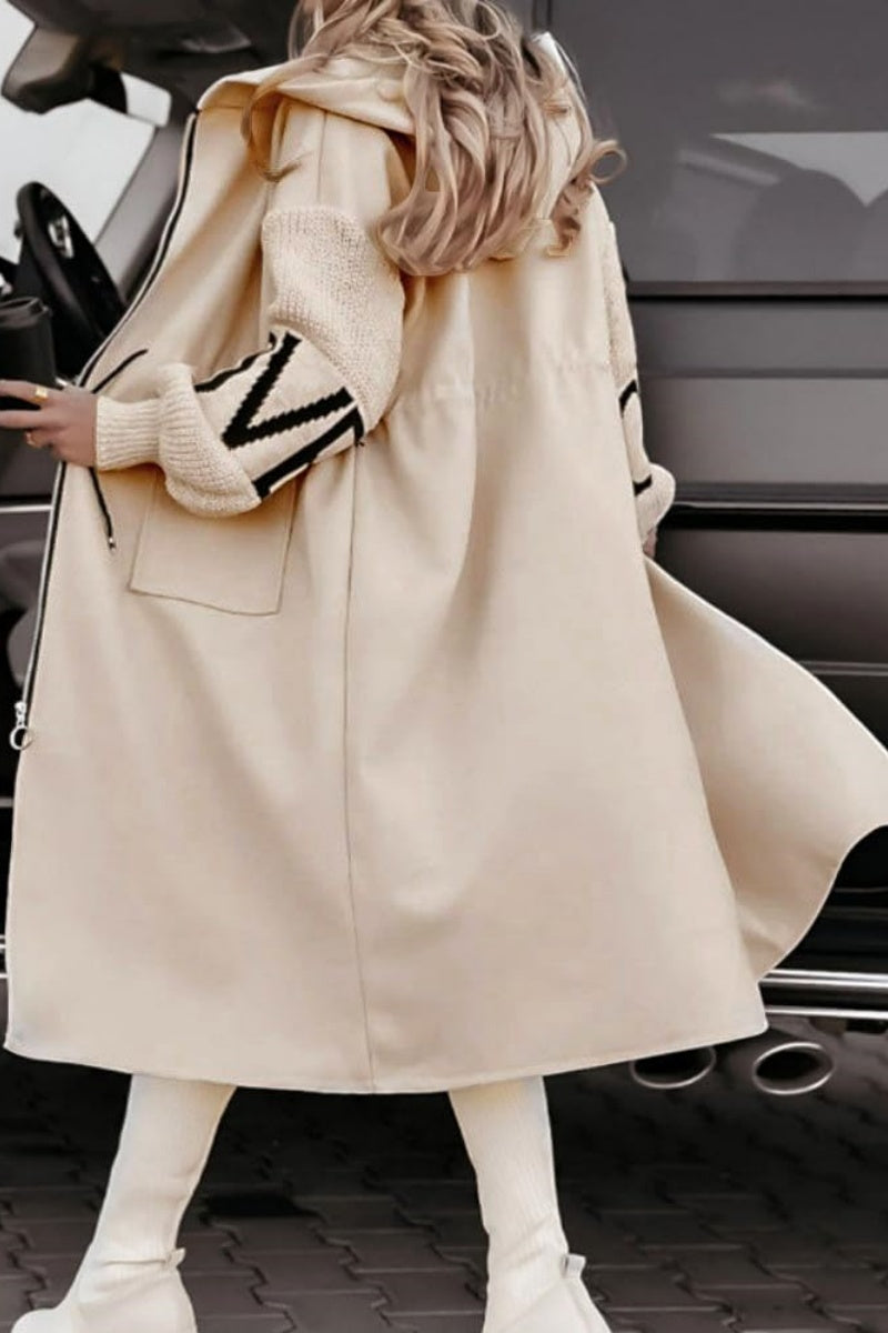 Chouyatou Women's Casual Knitted Sleeve Wool Trench Coat Zip Up Hooded Wool Blend Overcoat with Pockets