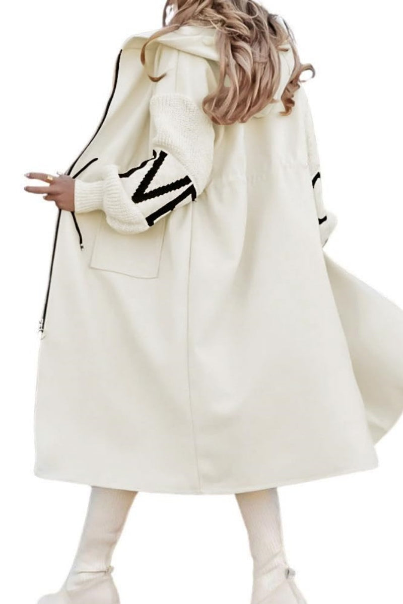 Chouyatou Women's Casual Knitted Sleeve Wool Trench Coat Zip Up Hooded Wool Blend Overcoat with Pockets