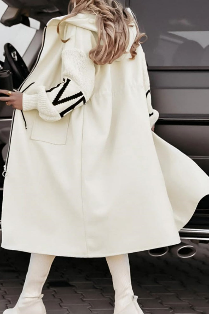 Chouyatou Women's Casual Knitted Sleeve Wool Trench Coat Zip Up Hooded Wool Blend Overcoat with Pockets