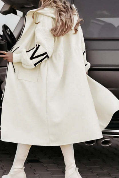 Chouyatou Women's Casual Knitted Sleeve Wool Trench Coat Zip Up Hooded Wool Blend Overcoat with Pockets
