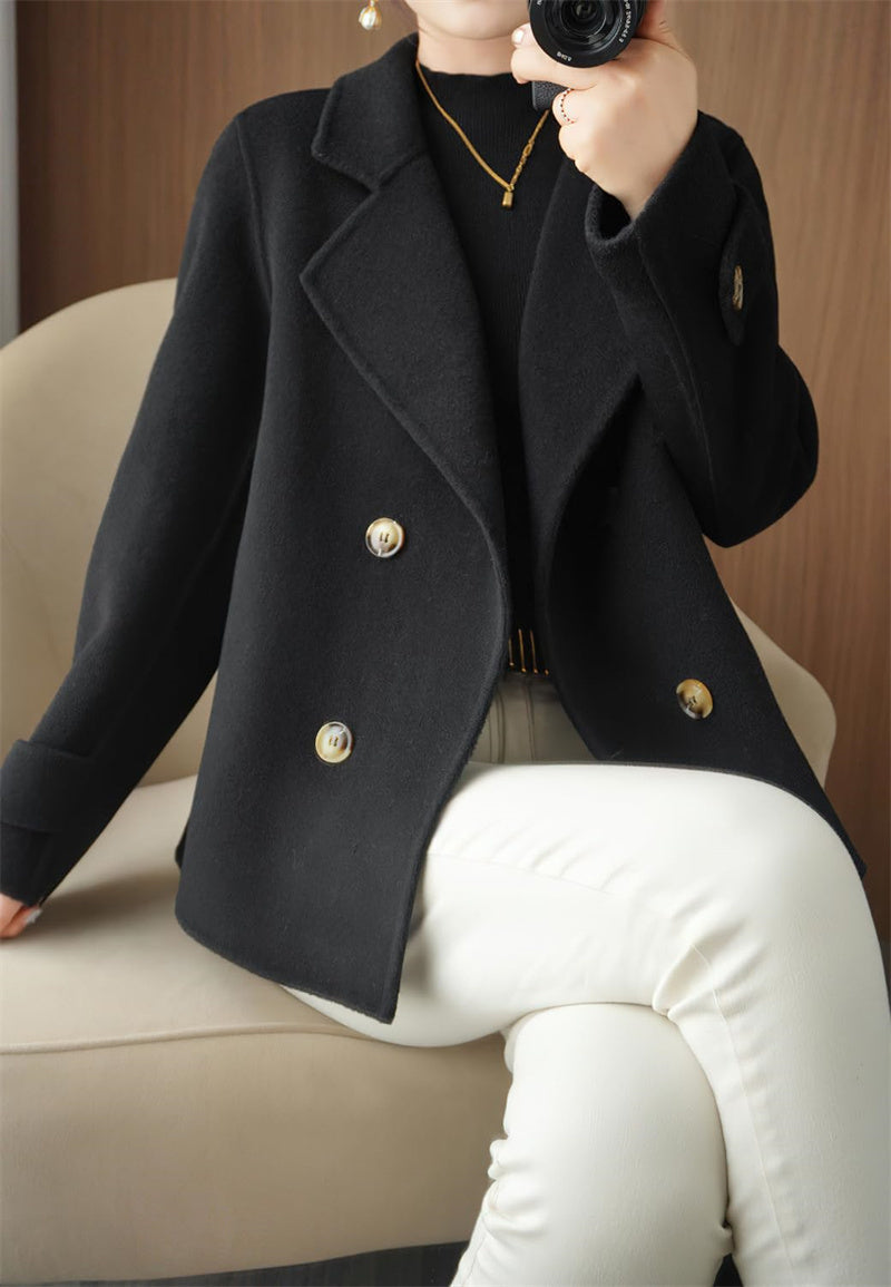 Chouyatou Womens Fall Winter Casual Business Wool Blend Coat Loose Double Breasted Dressy Blazer Pea Coat