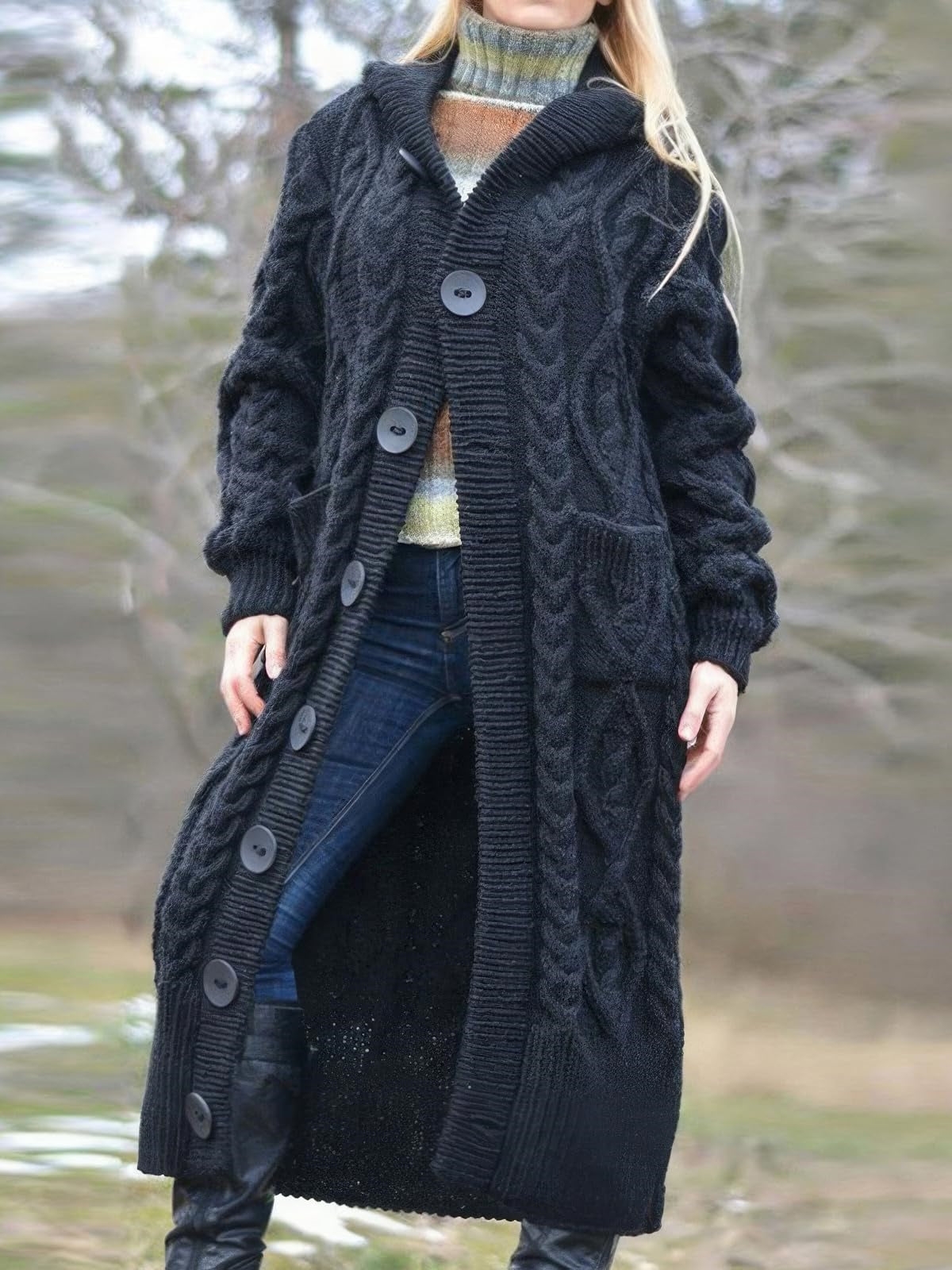 Chouyatou Women's Long Sleeve Hooded Cardigan Chunky Cable Knit Plus Size Over Knee Duster Coat with Pockets