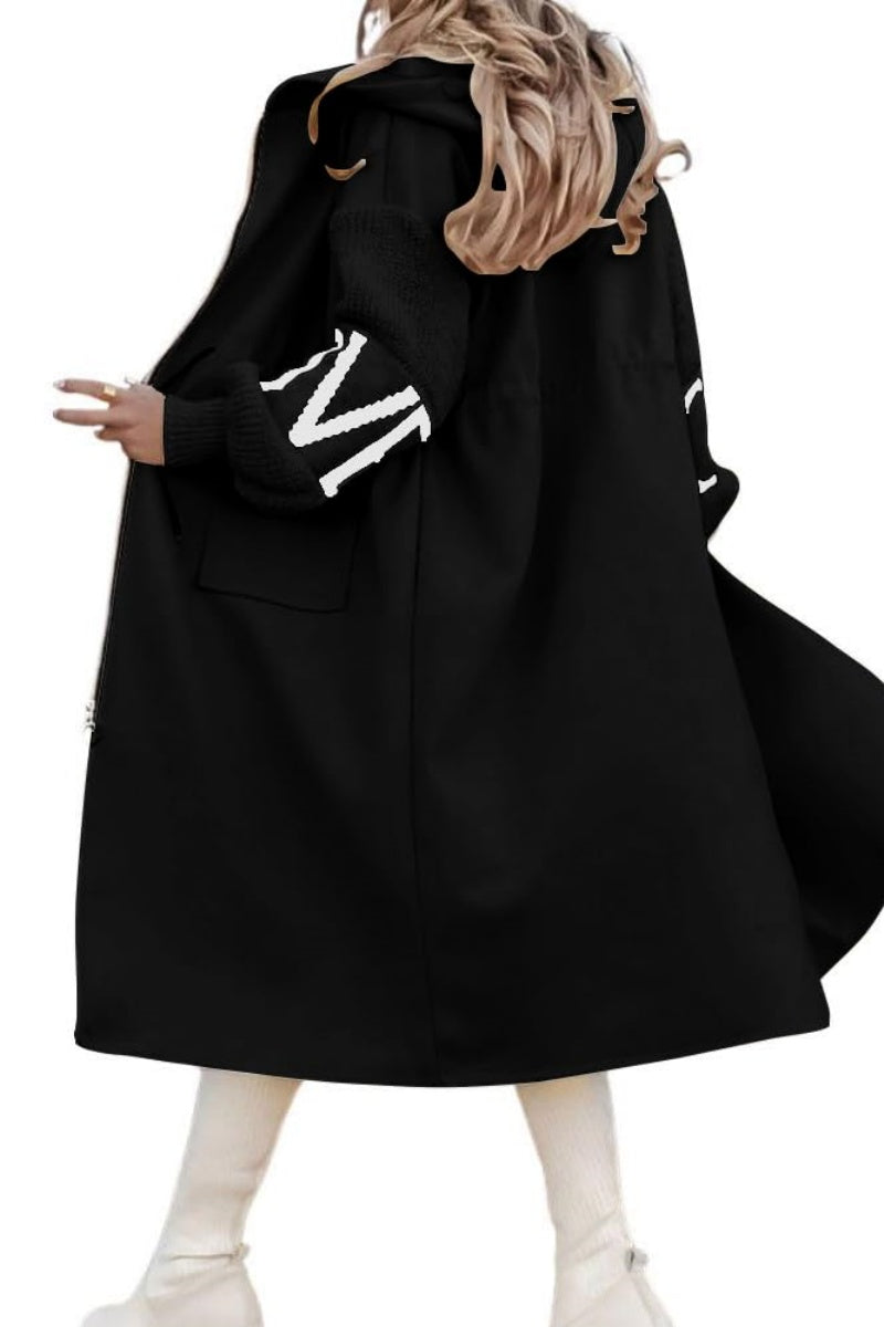 Chouyatou Women's Casual Knitted Sleeve Wool Trench Coat Zip Up Hooded Wool Blend Overcoat with Pockets
